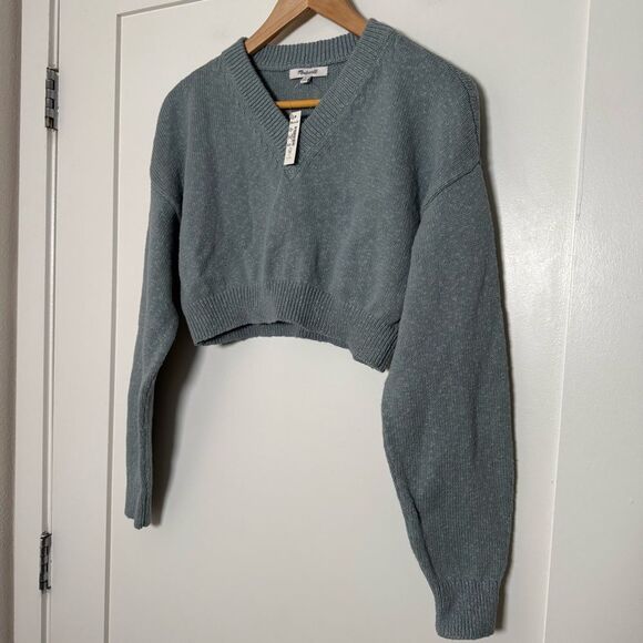 NWT Madewell Supercrop Sweater Womens Sz M Blue Knit V Neck Long Sleeve Pullover - Picture 2 of 11